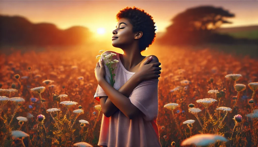Mujer abrazándose con ternura en un campo de flores al atardecer, simbolizando el amor propio, la autoaceptación y la conexión con la esencia.
