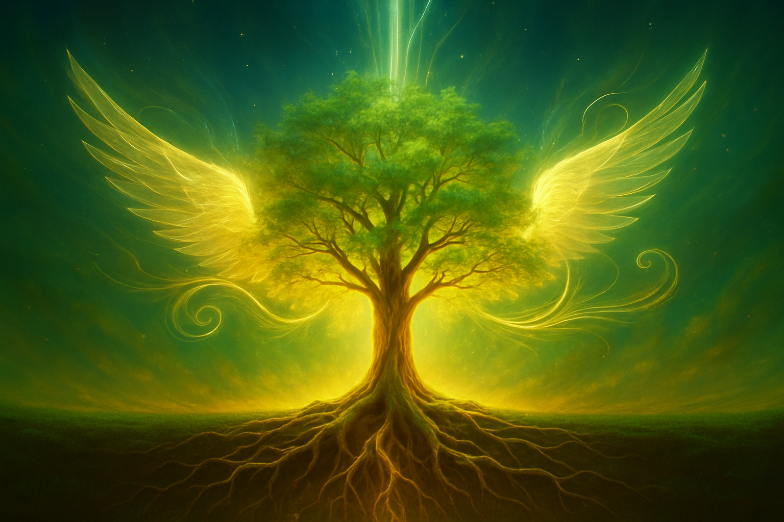 Árbol luminoso con raíces profundas y alas doradas emergiendo de sus ramas, simbolizando sanación familiar, expansión del alma y crecimiento consciente.
