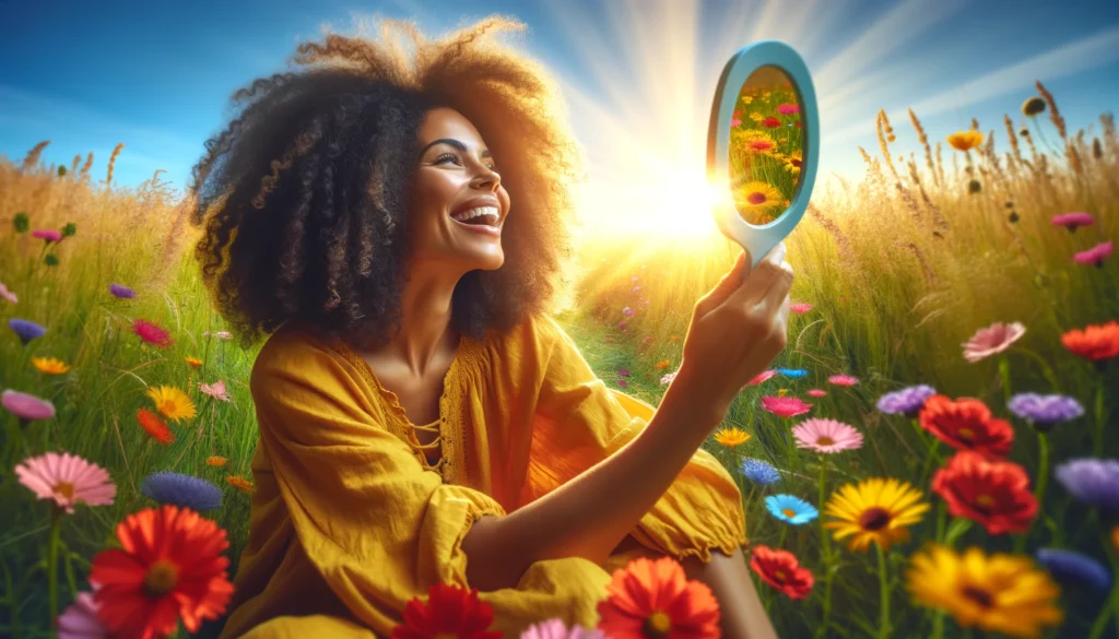Mujer sonriendo al mirarse en un espejo rodeada de flores y luz, representando la curiosidad amorosa y el descubrimiento interior.
