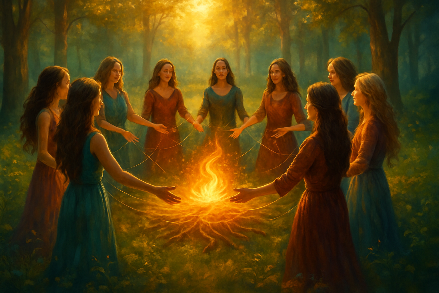 Mujeres formando un círculo en un claro del bosque, conectadas por hilos de luz y reunidas alrededor de un fuego brillante, simbolizando sostén mutuo, tribu viva y crecimiento consciente.