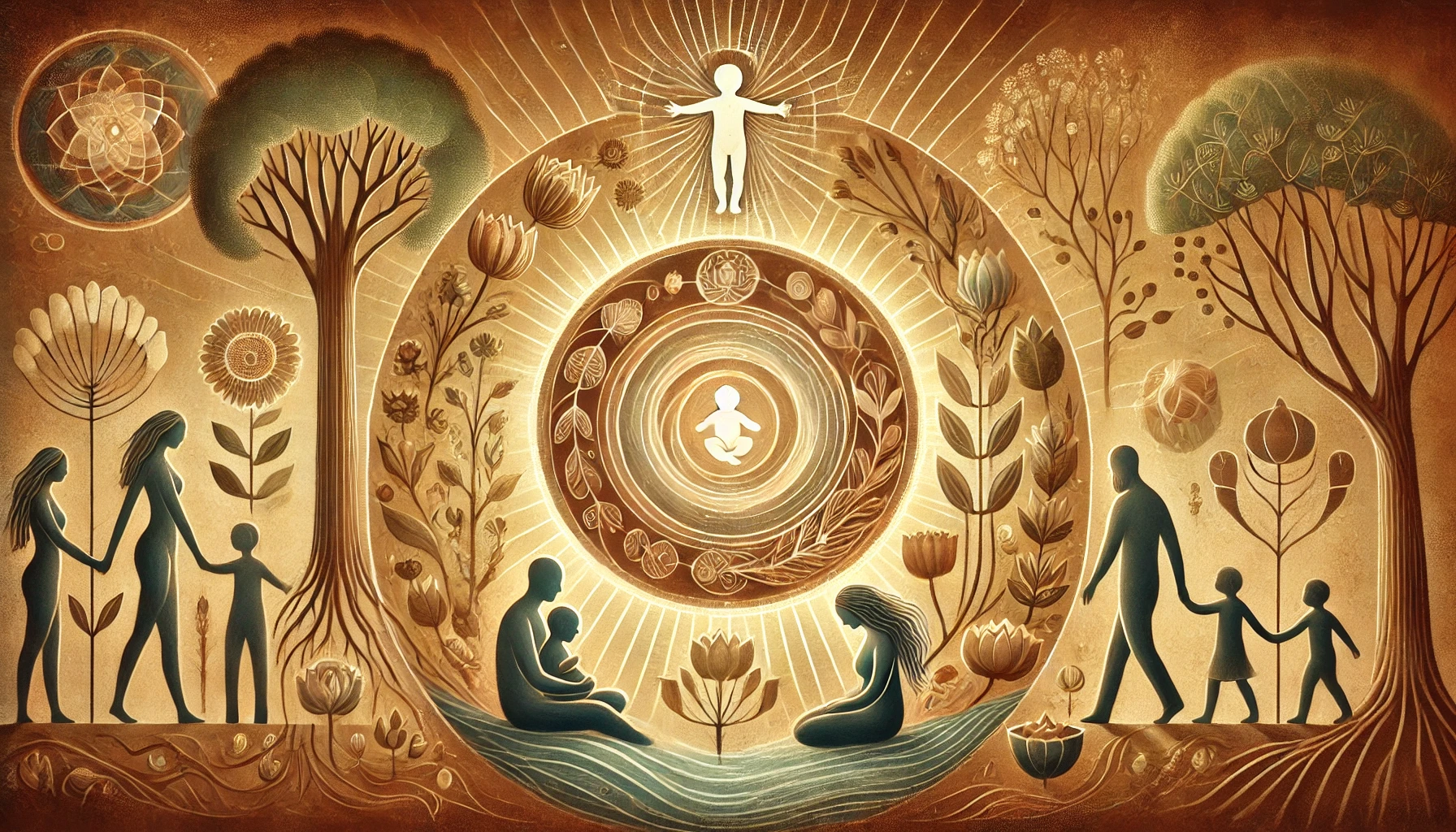 Familia consciente creciendo en conexión, rodeada de naturaleza y simbolismo de expansión compartida, en un camino de crianza con amor y presencia.