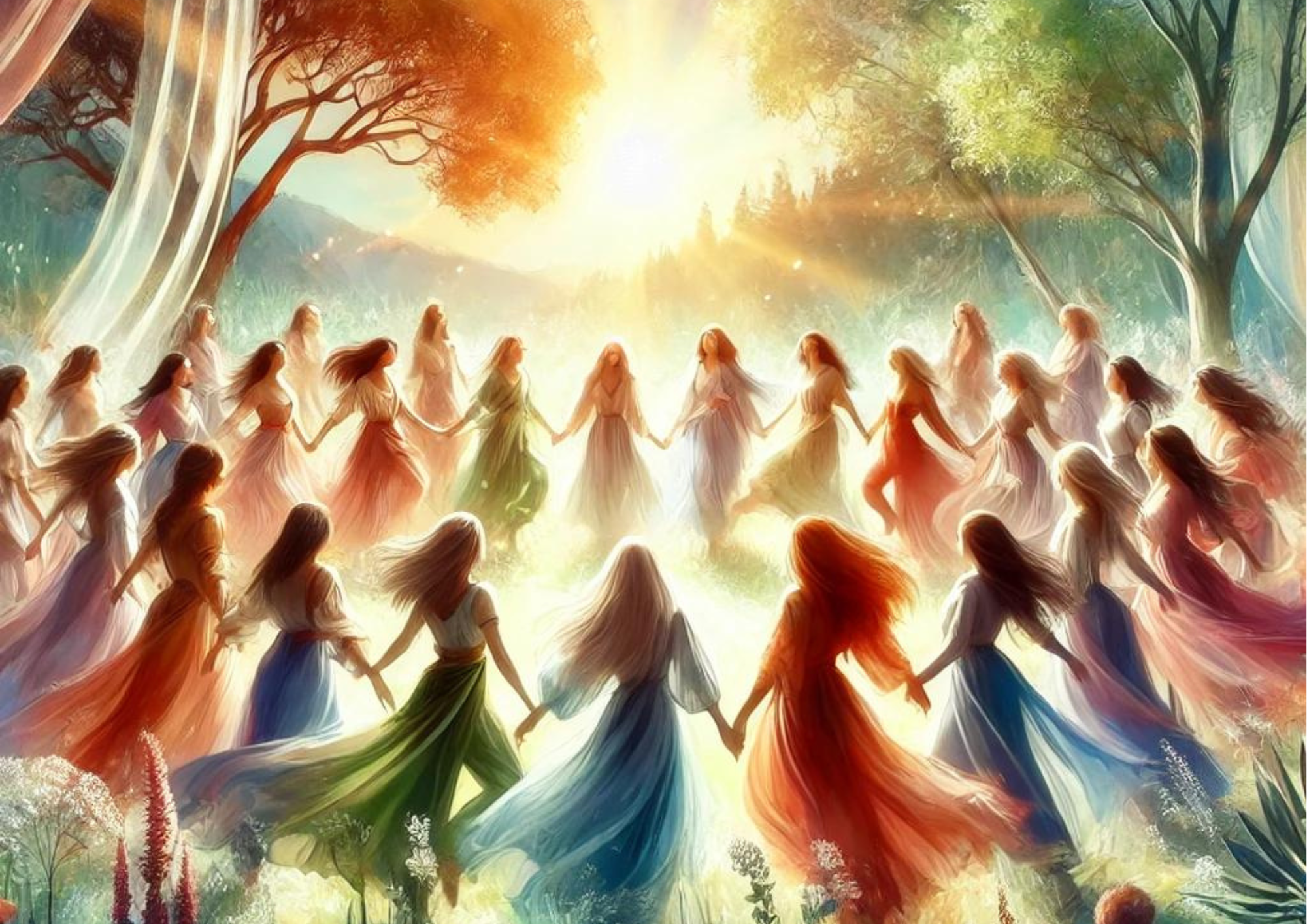 Círculo de mujeres danzando al aire libre en conexión con la luz y la naturaleza, simbolizando la fuerza del encuentro presencial y la transformación colectiva.