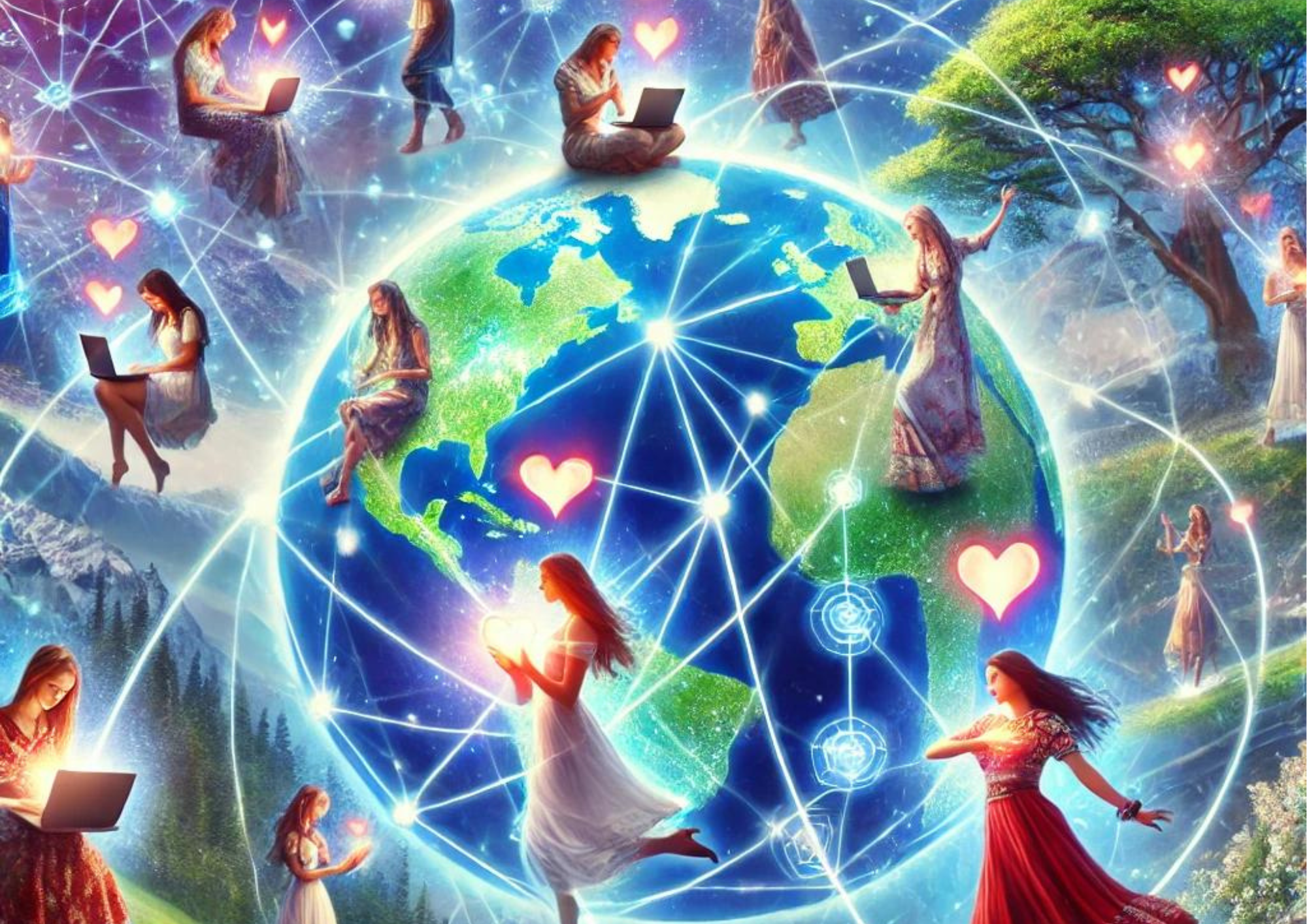 Ilustración simbólica de mujeres conectadas desde distintos lugares del mundo, danzando y compartiendo energía en red a través del corazón y la tecnología.