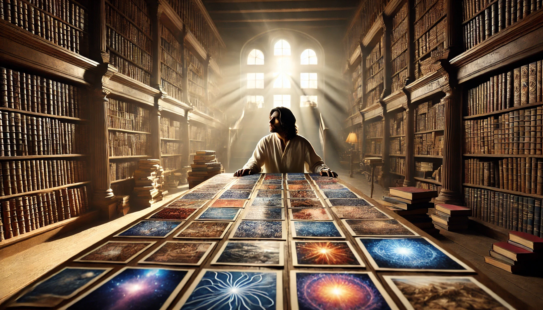 Persona en una antigua biblioteca iluminada por la luz, observando una colección de imágenes simbólicas sobre una mesa, representando la exploración de programas internos y creencias.