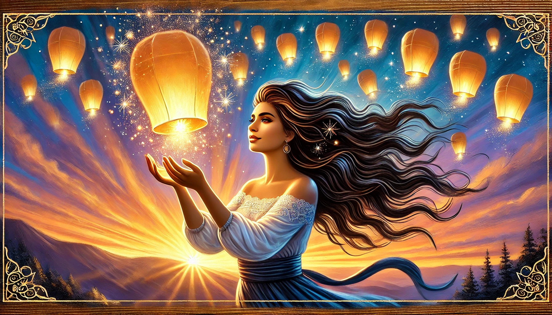 Mujer soltando una linterna de luz hacia el cielo estrellado, rodeada de otras luces en ascenso, simbolizando la expansión de su esencia y el brillo compartido con el mundo.