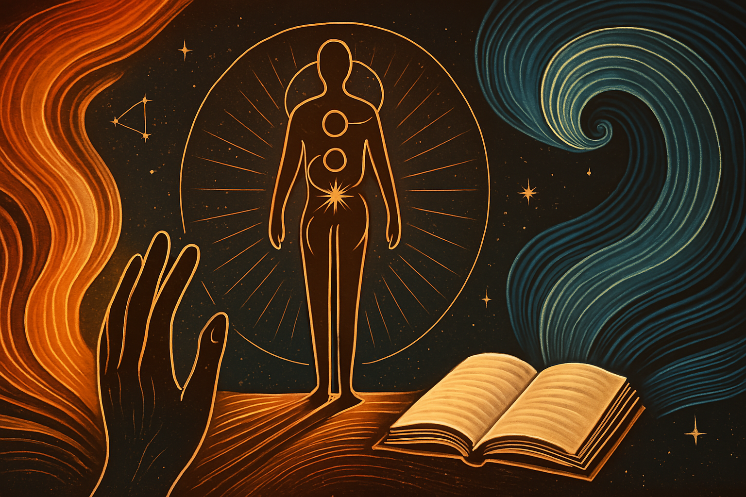 Ilustración vibracional de una figura contemplativa frente a un diagrama en espiral y un libro abierto que irradia luz, representando introspección, guía personalizada y autoconocimiento desde el Diseño Humano.