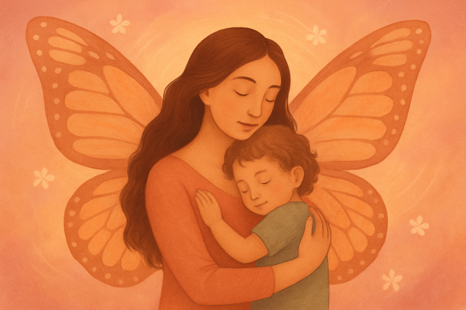Ilustración cálida de una madre abrazando a su hij@ con alas de mariposa, simbolizando el renacimiento, la protección y la expansión del ser en la maternidad consciente.
