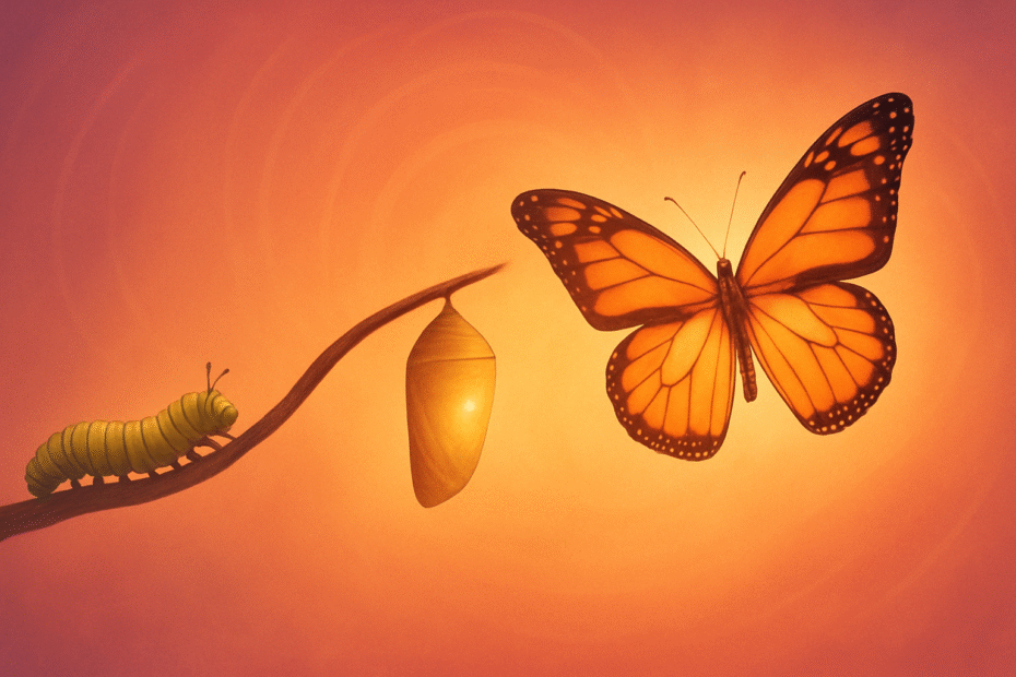 Ciclo de transformación de la maternidad ilustrado por una oruga, una crisálida y una mariposa volando en un fondo cálido, simbolizando el renacimiento femenino en Alas de Madre.