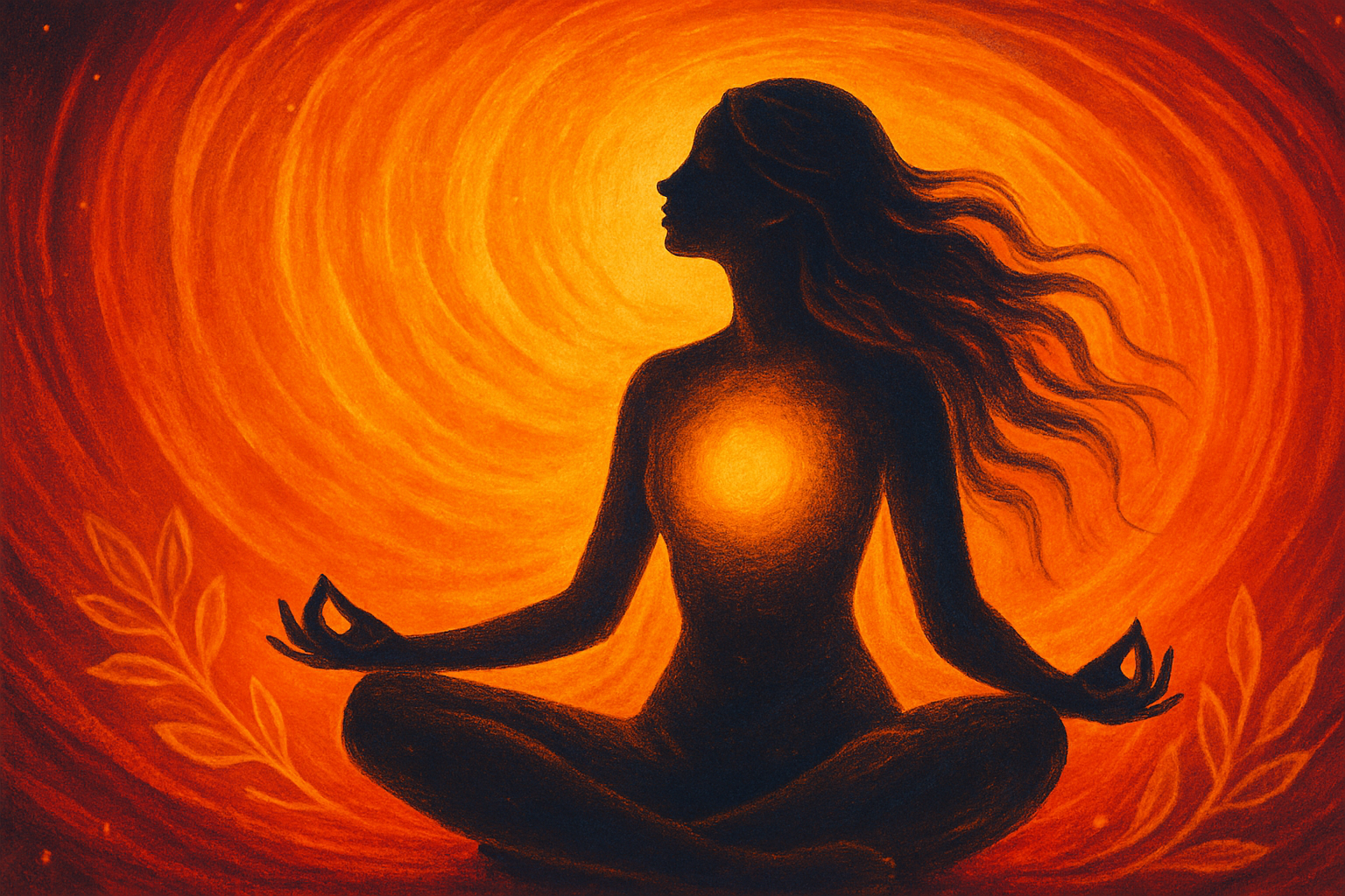 Mujer meditando con una esfera de luz en el pecho, rodeada de fuego y patrones florales, simbolizando el cultivo de energía vital a través del movimiento y la presencia