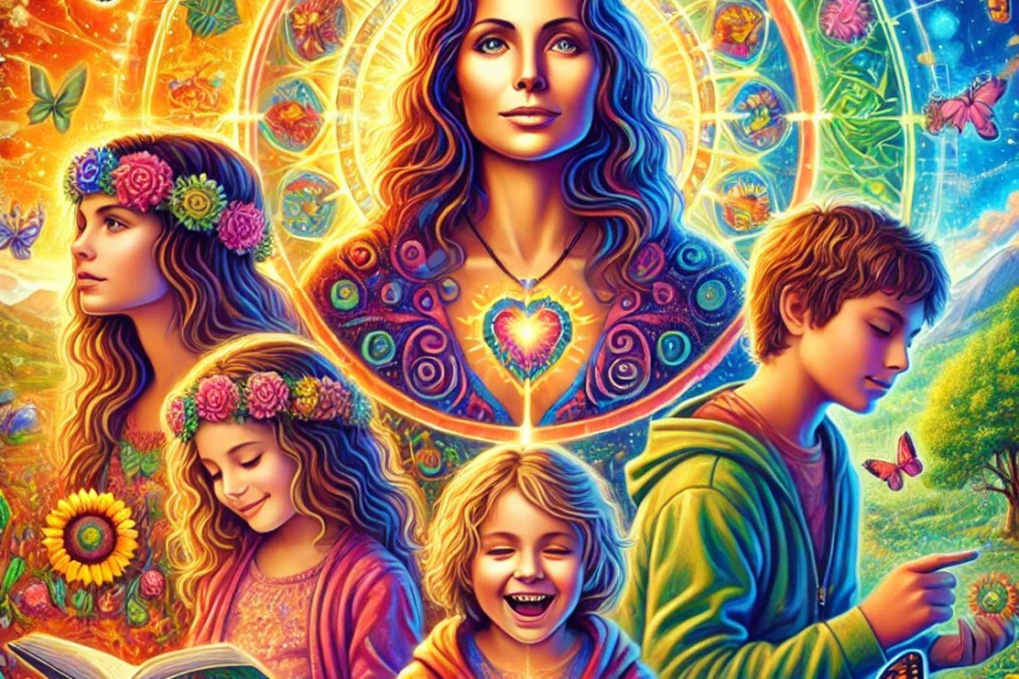 Ilustración colorida de una madre rodeada por cuatro hijos, irradiando amor y sabiduría, representando la maternidad como camino de transformación, gozo y evolución del alma.
