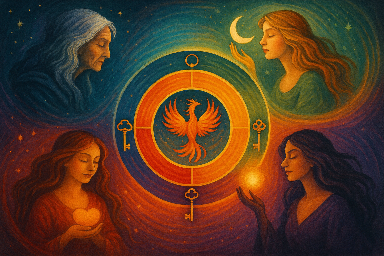 Ilustración de un ave fénix al centro de una rueda simbólica rodeada por cuatro arquetipos femeninos: la Anciana, la Doncella, la Madre y la Hechicera, representando un ciclo de transformación interior