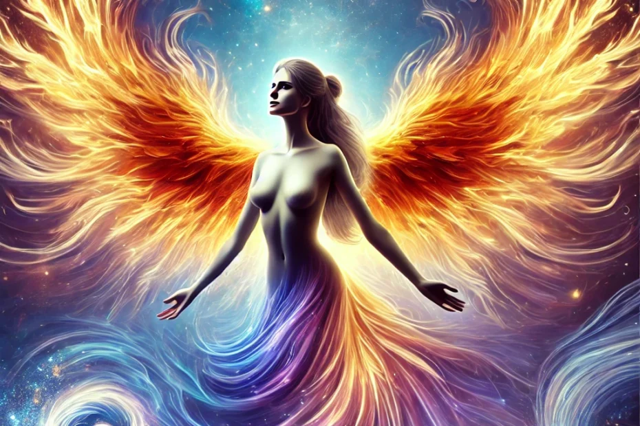 Mujer transformándose en fénix, rodeada de espirales de luz y galaxias, representando el renacimiento y la expansión consciente en la Rueda del Fénix Virtual.