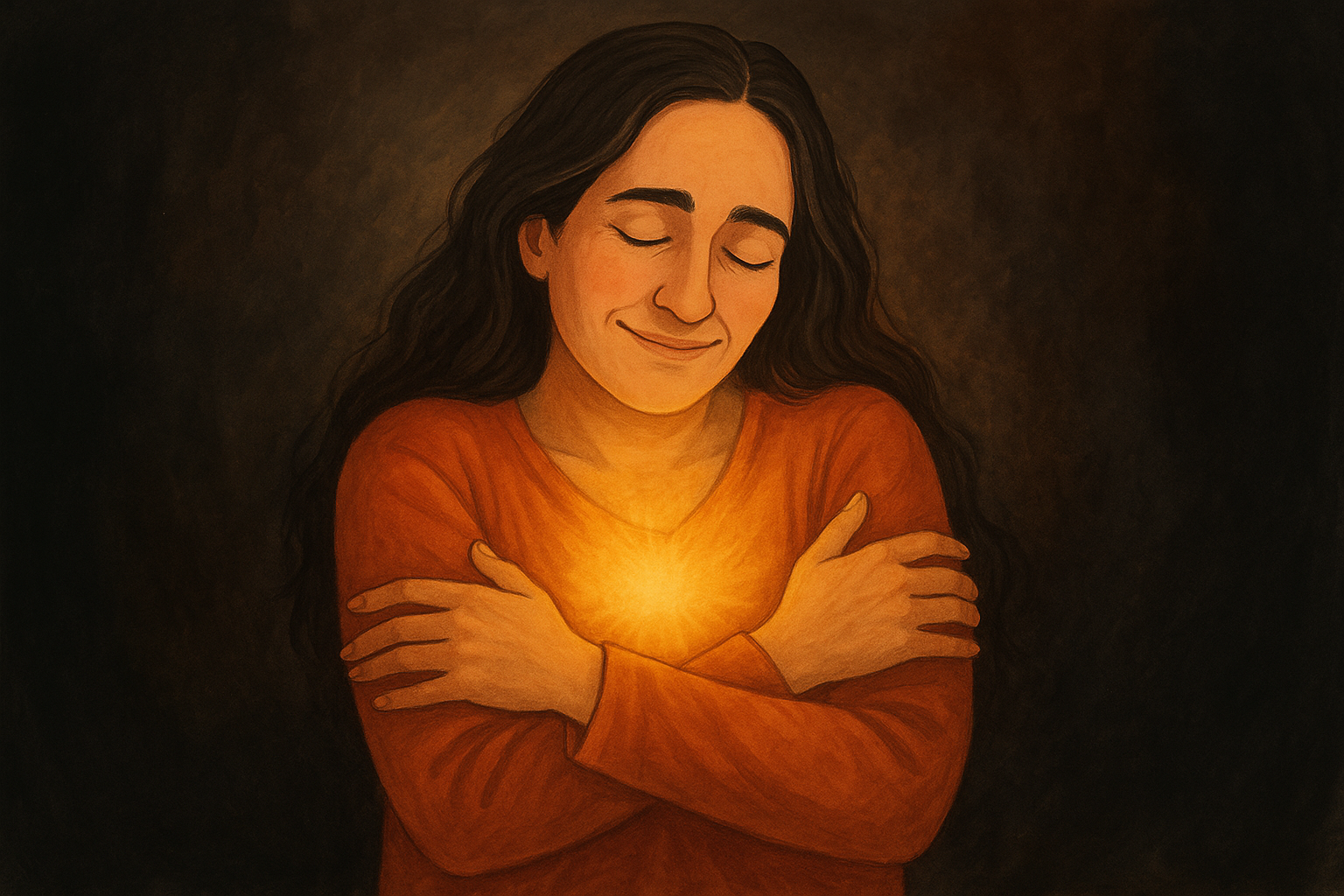 Ilustración de Cata Heincke abrazándose a sí misma, representando el acto de automaternarse y sostenerse con amor durante un proceso creativo profundo. Imagen simbólica de introspección, pausa y cuidado personal en sintonía con su Diseño Humano.